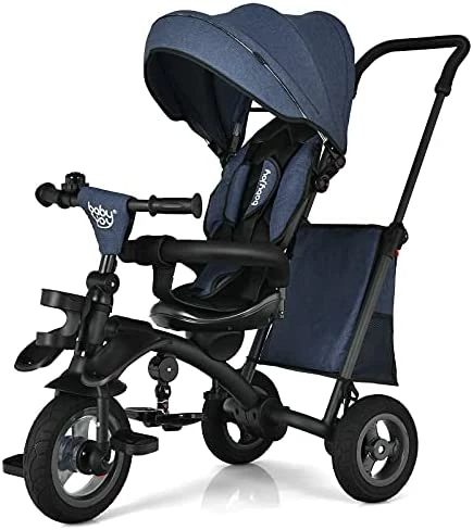 Deals 🤩 Toddler Tricycle, 7 In 1 Folding Steer Trike W/Rotatable Seat, Adjustable Canopy, Push Handle, Guardrail, Safety Harness, Brakes, Cup Holder & Storage, Tricycle For Toddlers Ages 1.5-5 (Blue) 🤩 - Image 6