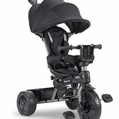 New 🔥 4.1 Kids Tricycle With 4-Stages Featuring Extra-Wide Front Tire, Removable And Adjustable Parent Handle, Safety Harness, Machine-Washable Seat Pad, And Retractable Canopy (Black) 🤩