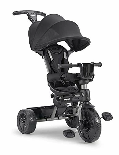 New 🔥 4.1 Kids Tricycle With 4-Stages Featuring Extra-Wide Front Tire, Removable And Adjustable Parent Handle, Safety Harness, Machine-Washable Seat Pad, And Retractable Canopy (Black) 🤩