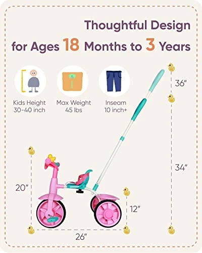 Cheap ๐คฉ 2 In 1 Kids Tricycles Age 18 Month To 3 Years, EVA Wheels Upgraded, Gift Toddler Tricycle, Trikes For Toddlers 2 To 3 Year Old With Push Handle And Duck Bell, Pink Eva Wheel-blue ๐ - Image 6