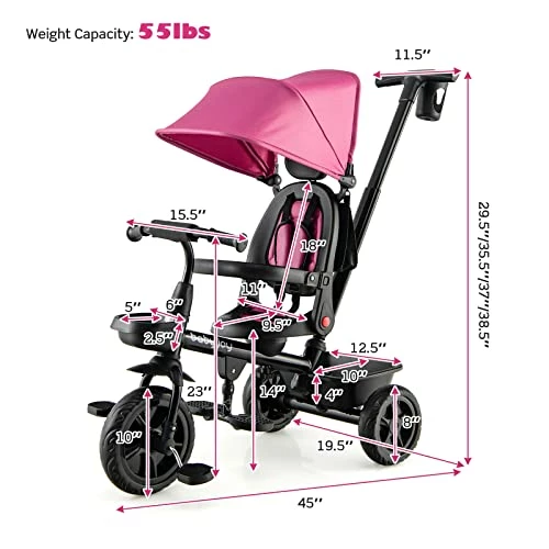Deals ๐ Tricycle, 4 In 1 Toddler Bike W/ Removable Push Handle, Reversible Seat, Foldable Footrest, All-Terrain EVA Wheel, Adjustable Canopy, Ideal For Kids 12-60 Months, Tricycle For Toddler (Pink) ๐ - Image 7