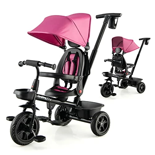 Deals ๐ Tricycle, 4 In 1 Toddler Bike W/ Removable Push Handle, Reversible Seat, Foldable Footrest, All-Terrain EVA Wheel, Adjustable Canopy, Ideal For Kids 12-60 Months, Tricycle For Toddler (Pink) ๐