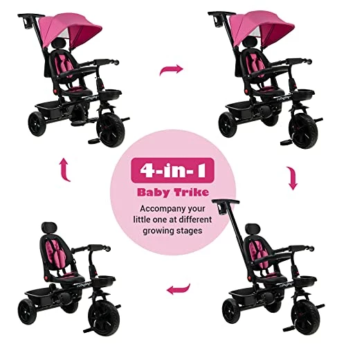 Deals ๐ Tricycle, 4 In 1 Toddler Bike W/ Removable Push Handle, Reversible Seat, Foldable Footrest, All-Terrain EVA Wheel, Adjustable Canopy, Ideal For Kids 12-60 Months, Tricycle For Toddler (Pink) ๐ - Image 3