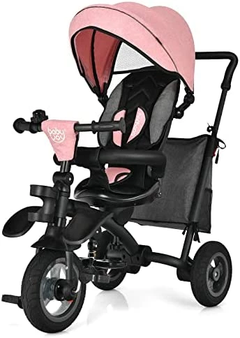 Deals 🤩 Toddler Tricycle, 7 In 1 Folding Steer Trike W/Rotatable Seat, Adjustable Canopy, Push Handle, Guardrail, Safety Harness, Brakes, Cup Holder & Storage, Tricycle For Toddlers Ages 1.5-5 (Blue) 🤩 - Image 8