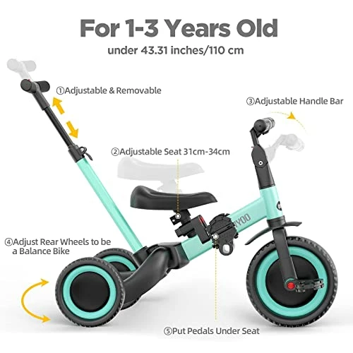 Coupon ✨ 5 In 1 Toddler Tricycle With Parent Steering Push Handle For 1,2,3 Years Old Boys And 👧 Girls, Kids Push Trike, Toddler Bike With Removable Pedals, Adjustable Seat And Handle, Blue, TR006 Yell 🥰 - Image 2