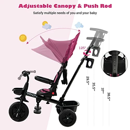Deals ๐ Tricycle, 4 In 1 Toddler Bike W/ Removable Push Handle, Reversible Seat, Foldable Footrest, All-Terrain EVA Wheel, Adjustable Canopy, Ideal For Kids 12-60 Months, Tricycle For Toddler (Pink) ๐ - Image 6