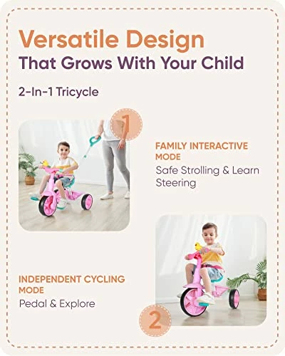 Cheap ๐คฉ 2 In 1 Kids Tricycles Age 18 Month To 3 Years, EVA Wheels Upgraded, Gift Toddler Tricycle, Trikes For Toddlers 2 To 3 Year Old With Push Handle And Duck Bell, Pink Eva Wheel-blue ๐ - Image 3
