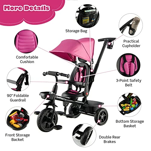 Deals ๐ Tricycle, 4 In 1 Toddler Bike W/ Removable Push Handle, Reversible Seat, Foldable Footrest, All-Terrain EVA Wheel, Adjustable Canopy, Ideal For Kids 12-60 Months, Tricycle For Toddler (Pink) ๐ - Image 4