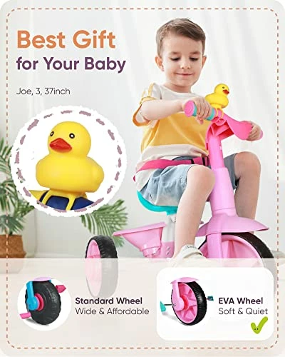 Cheap ๐คฉ 2 In 1 Kids Tricycles Age 18 Month To 3 Years, EVA Wheels Upgraded, Gift Toddler Tricycle, Trikes For Toddlers 2 To 3 Year Old With Push Handle And Duck Bell, Pink Eva Wheel-blue ๐ - Image 4