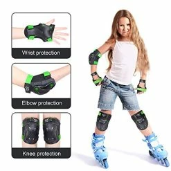 New 👏 Kids/Youth Knee And Elbow Pads With Wrist Guards Protective Gear Set For Skating Skateboarding Cycling Biking Scooter And Multi Sports (Black/Green, Medium (8-14 Years)) 🎉