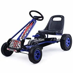 Deals 💯 Go Kart For Kids, 4 Wheel Off-Road Pedal Go Cart W/ Adjustable Seat, Steering Wheel, 2 Safety Brakes, EVA Rubber Tires, Ride-On Toys For Boys & 👧 Girls, Outdoor Racer Ride On Pedal Car (Blue) 🛒