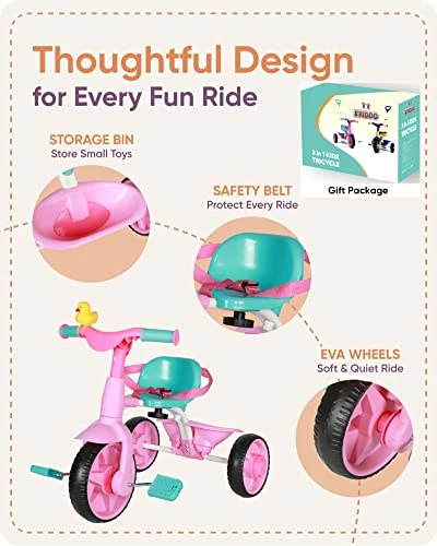 Cheap ๐คฉ 2 In 1 Kids Tricycles Age 18 Month To 3 Years, EVA Wheels Upgraded, Gift Toddler Tricycle, Trikes For Toddlers 2 To 3 Year Old With Push Handle And Duck Bell, Pink Eva Wheel-blue ๐ - Image 5