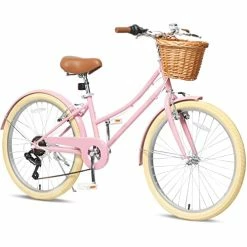Brand new 💯 24" Hybird Gilrs Bike For 👧 Girls, 6 - Speed Kids Cruiser Bicycles With Wicker Basket, Multiple Colors Pink 🎉