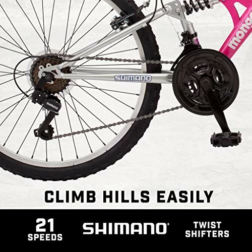 Best Sale ๐ Exlipse Full Dual-Suspension Mountain Bike For Kids, Featuring 15-Inch/Small Steel Frame And 21-Speed Shimano Drivetrain With 24-Inch Wheels, Kickstand Included, Pink ๐ - Image 4