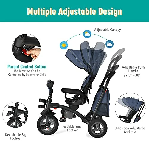 Deals 🤩 Toddler Tricycle, 7 In 1 Folding Steer Trike W/Rotatable Seat, Adjustable Canopy, Push Handle, Guardrail, Safety Harness, Brakes, Cup Holder & Storage, Tricycle For Toddlers Ages 1.5-5 (Blue) 🤩 - Image 3