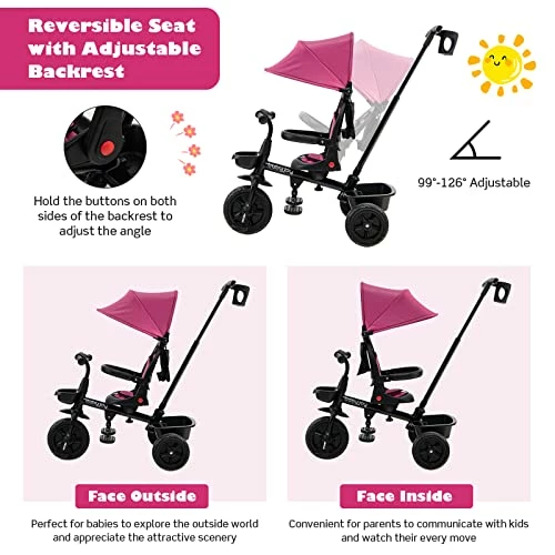Deals ๐ Tricycle, 4 In 1 Toddler Bike W/ Removable Push Handle, Reversible Seat, Foldable Footrest, All-Terrain EVA Wheel, Adjustable Canopy, Ideal For Kids 12-60 Months, Tricycle For Toddler (Pink) ๐ - Image 5