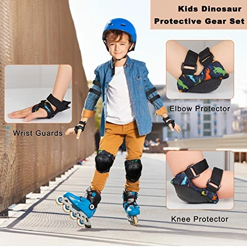 Top 10 π Knee Pads For Kids, Dinosaur Kids Knee Pads And Elbow Pads Set 7pcs Toddler Knee Pads Wrist Brace Wrist Guards For Roller Skating Skateboard Snowboarding Cycling Protective Gear Set For Boys Kids Black π - Image 2
