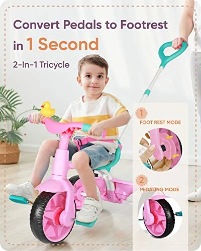 Cheap ๐คฉ 2 In 1 Kids Tricycles Age 18 Month To 3 Years, EVA Wheels Upgraded, Gift Toddler Tricycle, Trikes For Toddlers 2 To 3 Year Old With Push Handle And Duck Bell, Pink Eva Wheel-blue ๐ - Image 2